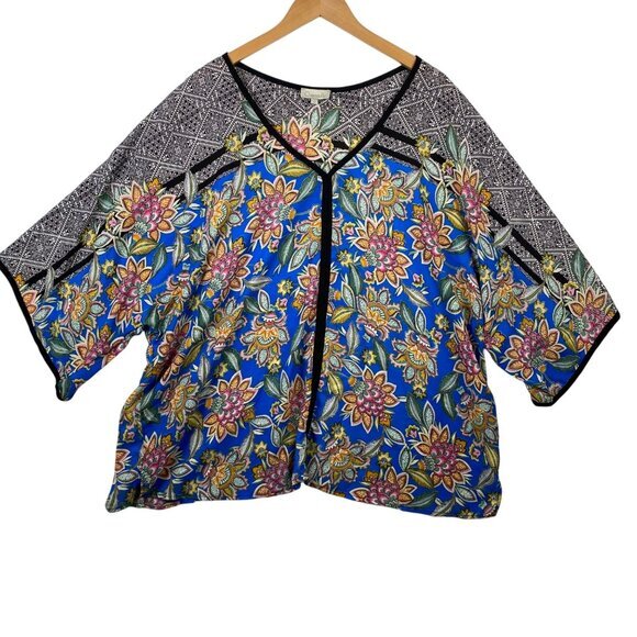 Chenault Womens 2X Floral Print Kimono Sleeve Blouse Blue Black Polyester - Picture 1 of 9